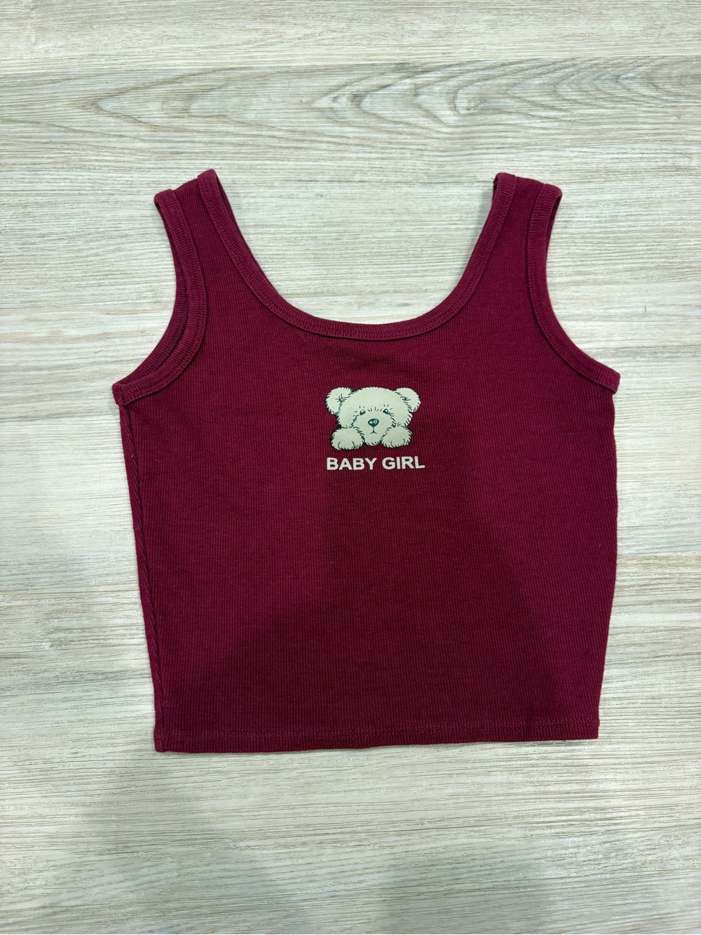 Girls' Burgundy Ribbed Tank Top with Teddy Graphic